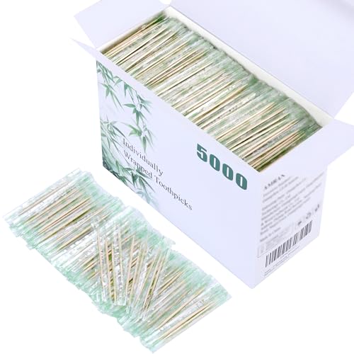 Individually Wrapped Toothpicks - AMRANKUO 5000 Count Bulk Bamboo Wooden Toothpicks | Splinter-Free Sanitary & Portable for Travel Restaurants Parties | Wood Toothpicks