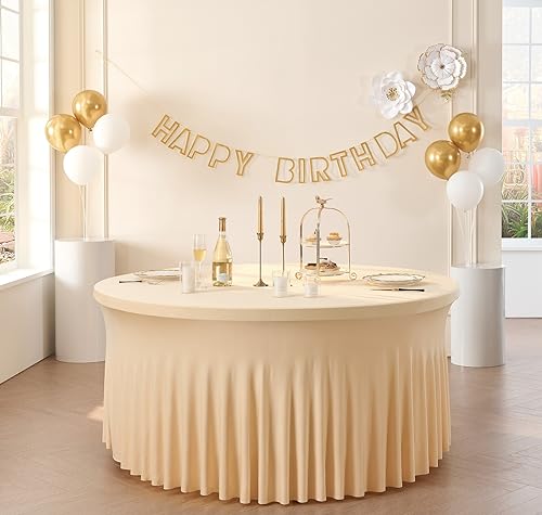 Outpain 6 Pack Champagne Spandex Round Tablecloths for 72 inch Table, Stretchy 132inch Fitted 6FT Round Table Cloths, Wrinkle Free Table Cover with Skirt for Wedding Party Dining Banquet by Outpain - Image 6