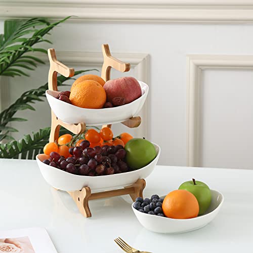 Foto von MINGCASA Obstkorb mit 3 Ebenen, Keramik, natürlicher Bambusständer, Küche, Organizer für Gemüse und Obst ，Ständer Servierteller für Obst, Kuchen, Süßigkeiten (Keramik)