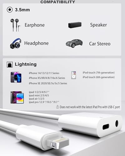 2 Pack Lightning to 3.5mm Headphone Jack Adapter, [Apple MFi Certified] 2 in 1 Headphone Adapter Aux Audio and Charger Adapter Dongle Cable Splitter Compatible with iPhone 14 13 12 11 XS XR 8 7 - Thumbnail 2