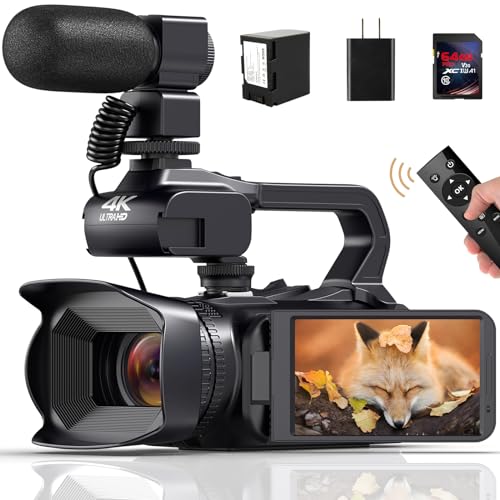 JIOWEATHER 4K Video Camera Camcorder HD 64MP 18X Digital Zoom Vlogging Camera for YouTube Video Camera with WiFi, 4500mAh Battery, 64GB SD Card, Stabilizer, Mic, Remote Control