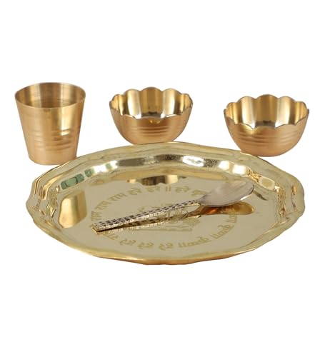 Image of Two Moustaches 5 Inches Brass Pooja Thali Set, Brass Thali Set for Bhog, Set of 1 Thali, 2 Katori, 1 Glass and 1 Spoon, Golden, Gifts for Puja Ceremony, Plate for Pooja - Set of 5 Pieces, Small