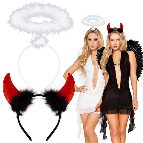 BOFUNX Diadema de Halo Ángel Blanco+Diadema de Cuernos de Diablo Demonio Accesorios para el Pelo Disfraz de Fiestas Carnaval Halloween Cosplay para Adultos Niños