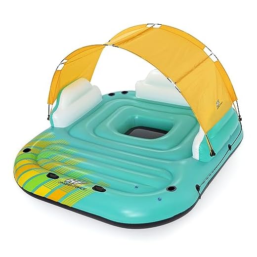 Bestway Hydro Force Sunny 5 Person Inflatable Large Floating Island Lake Water Lounge Raft with Cup Holders and Removable Sunshade, Green