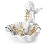 Qinyoung Vintage Catholic Rosary Holder Valentines Christian Gifts for Women Cherub Angel Statue Holy Water Container 5.1” H Jewelry Necklace Ring Holder Religious Home Bedroom Renaissance Decor