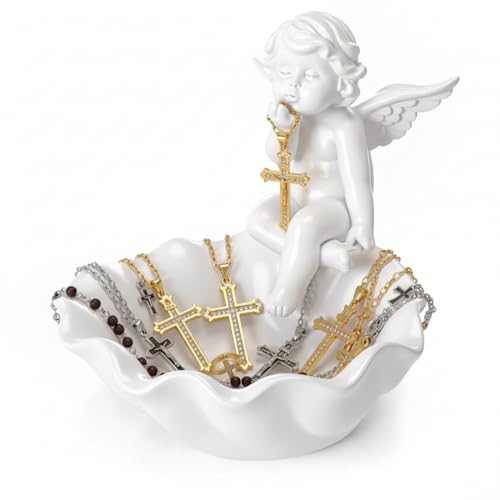 Qinyoung Vintage Catholic Rosary Holder Valentines Christian Gifts for Women Cherub Angel Statue Holy Water Container 5.1” H Jewelry Necklace Ring Holder Religious Home Bedroom Renaissance Decor
