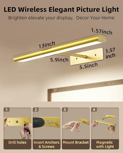 Image of EZVALO Picture Light for Wall, 4800mAh Rechargeable Wireless Remote, 13'' Dimmable Magnetic LED Art Display Light with 3 Color Temperatures, for Gallery, Living Room, Bedroom, Hallway (Gold-2Pack)