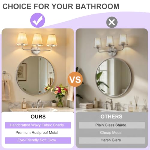Image of Bathroom Light Fixtures 22 inch 3-Light Vanity Light Brushed Nickel | Farmhouse Bathroom Lights, Beige Wavy Fabric Shade, Dimmable Vanity Lighting Fixtures for Mirror Bedroom Living Room Hallway