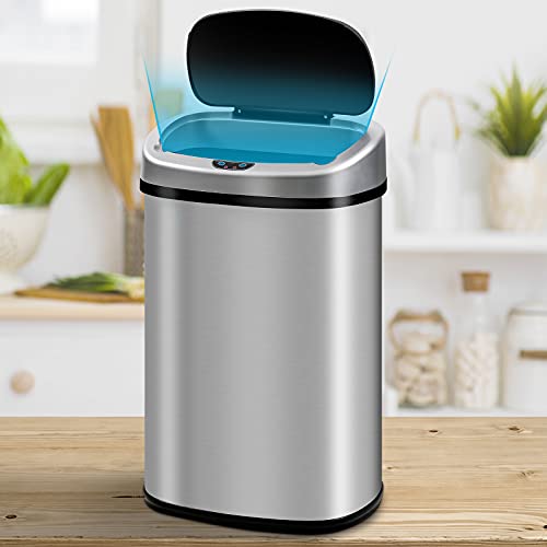 Bigacc Trash Can, 13 Gallon Touch-Free Motion Sensor,Garbage Can Metal Bin with Lid for Kitchen Living Room Office,Touchless Automatic Closure & Opening, Silver Brushed stainless steel cans - 2020