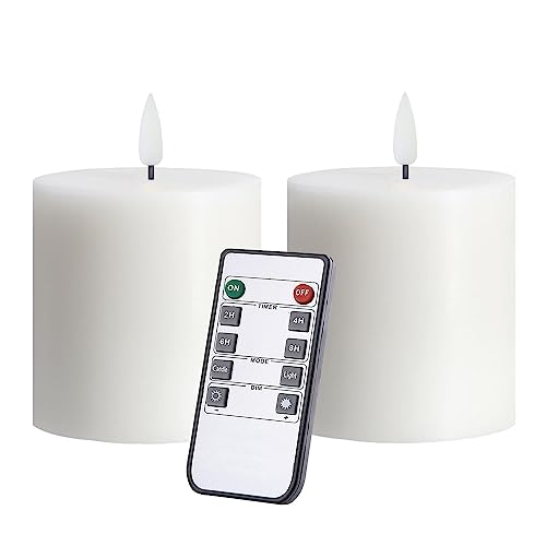 volnyus Flameless Candles Set of 2 (3x3 inch) Flickering LED Real Wax Candles Battery Operated with Remote Control Timers for Fireplace Bedroom Livingroom Party Dimmable White Pillars Flat top
