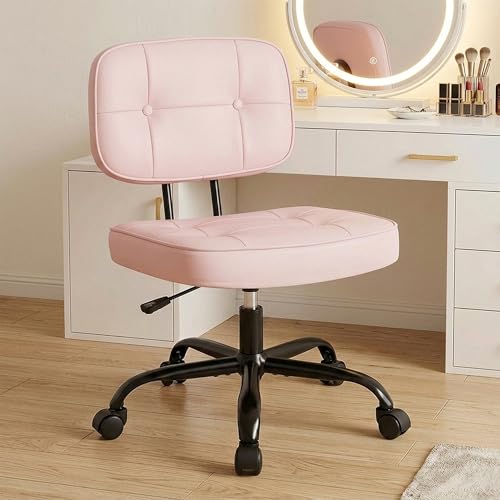 Image of DUMOS Home Office Desk Chair - Ergonomic Armless PU Leather Computer Rolling Task Chair,with Comfy Lumbar Support and Height Adjustable, Vanity, Bedroom, Living Room, Pink