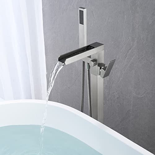Wowkk Freestanding Bathtub Faucet Waterfall Tub Filler Brushed Nickel Floor Mount Brass Single Handle Bathroom Faucets With Hand Shower #TOP4