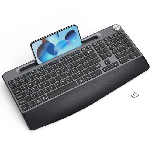 GAMCATZ Ergonomic Wireless Keyboard with Wrist Rest-Low-Profile,Phone/Tablet Holder,Quiet Design，Windows &
