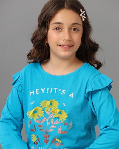 Image of Girls Cotton Tops Collection - Round Neck, Crop Top, Full & Half Sleeve, Drop Shoulder, Ruffle Sleeve, Graphic Printed, Embroidered & Slub Knit Styles, Soft Breathable Fabric for Kids Casual Wear