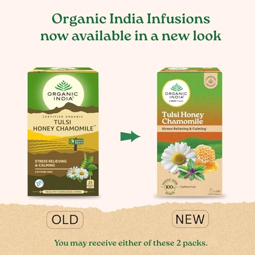 Image of A TATA Product - Organic India Tulsi Honey Chamomile Infusion - 25 Tea Bags, Certified Organic, Stress Relief, Calming, Promotes Sleep, Caffeine-Free