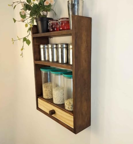 Image of IThree Rustic Wall Mounted Shelf Unit with 3 Tiers, Wooden Storage Rack with Drawer, Dark Brown (Style 2)