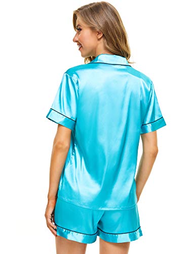 Image of LecGee Womens Silk Satin Pajamas Short Sleeve Loungewear Two-Piece Sleepwear Button-Down Pj Set