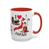 I Love Japan 15 oz Coffee Mug - Gift - Christmas - Birthday - Tea Cup (Red Handle)