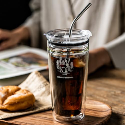 vonghome タンブラーグラス 真空断熱 二重構造グラス 蓋付き ストロー付き 420ml 耐熱ガラス 就職祝い 誕生日 贈り物