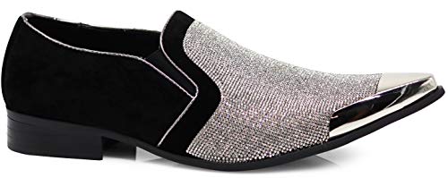 Image of Enzo Romeo Crisiano Men Rhinestone Chrome Toe Suede Pointy Dress Loafer Slip On Shoes