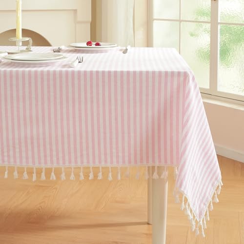 meioro Gestreifte Tischdecke Rechteckige Tischtuch mit Quasten, Abwaschbare Tischdecken Dekorative Tischwäsche für Küche, Esszimmer und Tabletop (Rosa/Weiße Streifen,100x140cm)