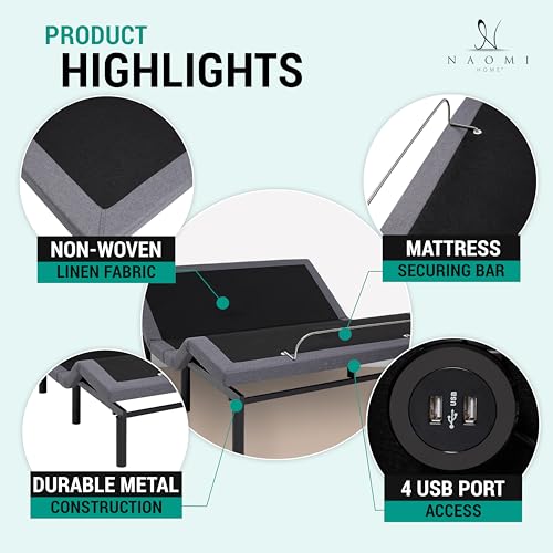 Naomi Home Idealbase Queen Adjustable Bed Frame with Lumbar Support & Head Tilt, Foot Incline, Back & Leg Massage, USB Ports,Wireless Remote, Ergonomic Zero-Gravity Smart Bed