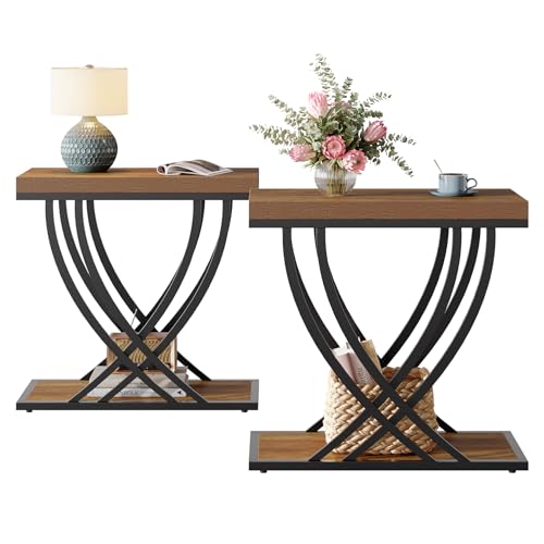 Tribesigns Mesa auxiliar industrial | Mesa lateral estrecha de 2 pisos con marco de metal | Mesita de noche para salón, sofá y espacios pequeños | marrón rústico - imagen 9