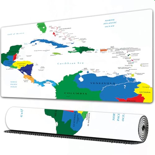 FEHWI Alfombrilla ratón 90×40 cm,Mapa,Mapa de América Central y Las Islas del Caribe Países Ciudades Nombres Regi,Mouse Pad con Superficie Suave y Base de Goma Antideslizante,Oficina y Gaming en casa