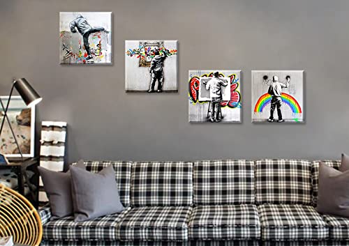Djsylife Banksy Street Graffiti Art Wall Decor Pop Art Colorful Paintings Canvas Prints Modern Artwork For Living Room Bedroom Office 12" W X 12" H X 4 Panel Stretched And Framed Ready To Hang #TOP1