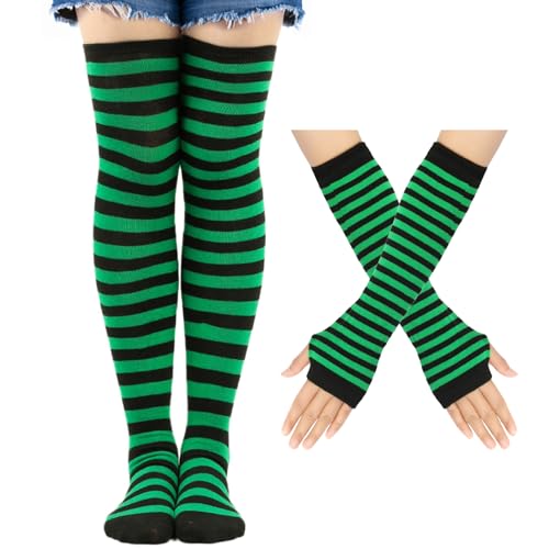 Image of Black and White Striped Arm Leg Warmers Sleeves Set Rainbow Socks Knee High Fingerless Gloves Hand Thigh Warm