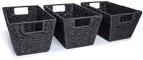 woodluv Set of 3 Paper Rope Storage Shelf Bins Gift Hamper Makeup Closet Bedroom, Bathroom Basket, Black - L30.5 x W18.5 x 14.5(H)