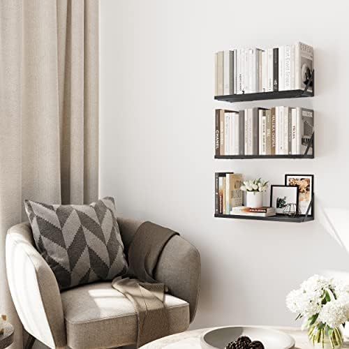 CASSA Wall Mounted Floating Shelves Set of 3, 42cm x 15cm x 13cm Storage Bookshelf for Living Room Office Bedroom Bathroom Kitchen Rustic Wood with Metal Bracket (Black)