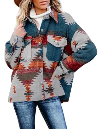 Magritta Womens Thick Shirt with Bust Pockets Cozy V Neck Collared Cuffed Button Down Long Sleeve Shacket Jacket Plus Size Coat Blouse Geometry Orange Medium