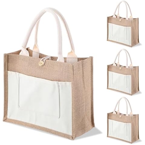 MAQUITA Burlap Tote Bags, 4 Pcs Natural Jute Reusable Gift Favors Bag with handles Blank Tote Bulk for Bridesmaid Wedding, Women Market Grocery Shopping, Bachelorette Party, Beach Trip, DIY Cover