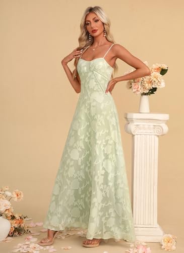 Image of Women's Elegant Wedding Guest Dress Spaghetti Straps Slim Fit Floral Sleeveless Formal Dress Maxi Evening Party