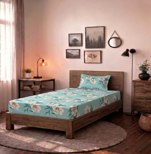 Image of HOMEKART (110 TC & 110 GSM 100% Cotton Feel Bedsheet for Single Bed with One King Size Pillow Covers Soft /Breathable Wrinkel Free -60x90 Inches - (Green Flowra)