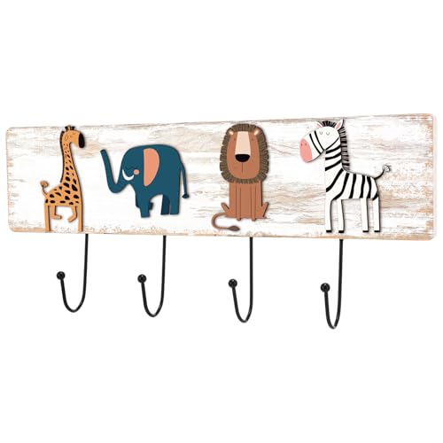 Fiwochic Wood Safari Animal Coat Rack with 4 Hooks Vintage Jungle Wall Decor Hooks, Giraffe Elephant Lion Zebra Wall Mounted Hanger for Entryway Bathroom Bedroom Hats Keys Towels