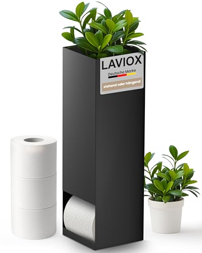 LAVIOX Toilettenpapierspender mit Pflanzenfach schwarz matt pulverbeschichtetes Metall zur Aufbewahrung von 3 großen Klorollen 15 x 15 x 50 cm (LxBxH)