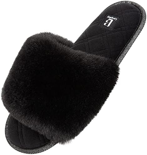 LongBay Women's Fuzzy Faux Fur Memroy Foam Flat Spa Slide Slippers Open Toe House Shoes Sandals