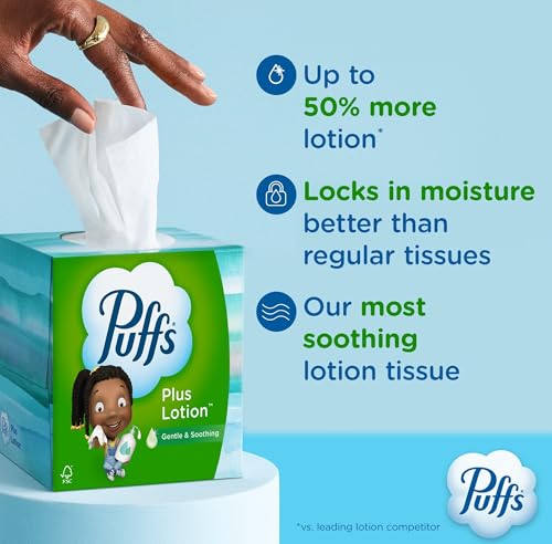 Puffs Plus Lotion Facial Tissue, 4 Mega Cube Boxes, 72 Tissues Per Box