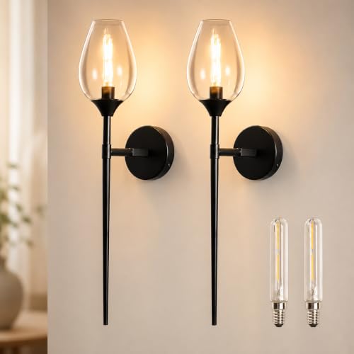 Image of SERBASIC Black Glass Wall Light with Wine Shade 2Pack,Vintage Wall Sconce with E14 Bulb for Bathroom Bedroom Living Room Hallway