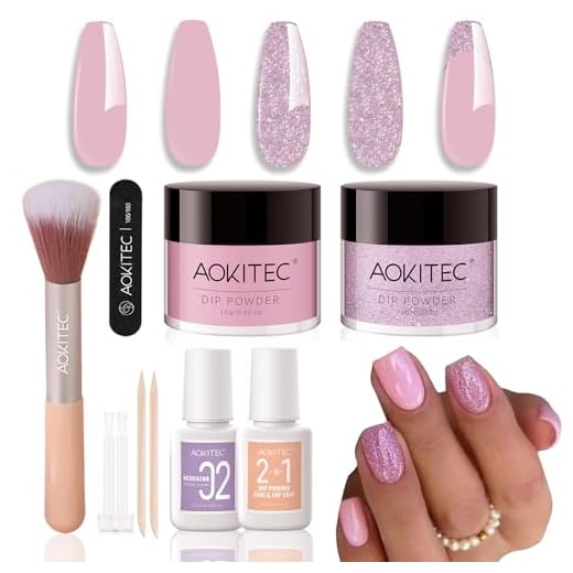 Aokitec Dipping Powder Nails Set - Pink & Glitzer Dip Powder mit Dip Liquid Base Nagelzubehör für Nail Art, Nägel Set zum einfachen Mitnehmen, Nägel Selber Machen, Geschenk für Frauen & Mädchen