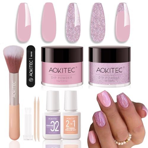 Aokitec Dip Powder Nail Kit - Pink & Glitter Nail Powder with Dip Liquid Nail Supplies for Nail Art Nail Dip Powder Starter Kit for Vocation Travel Nail Set for Easy Carry Gift for Women