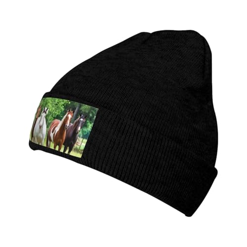QAZWZML Gorro de punto deportivo negro, sombrero de lana cálida con patrón de caballo marrón y blanco, adecuado para primavera, otoño e invierno., Negro, Talla única