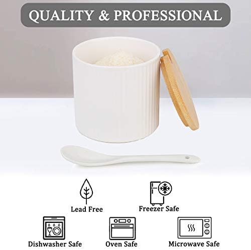 Chase Chic Ceramic Sugar Bowl, Sugar Pot with Wooden Lid and Porcelain Spoon 8.4oz/250ml in Stripe Shape, Suit for Coffee Bar, Kitchen and Home Breakfast, Matte White