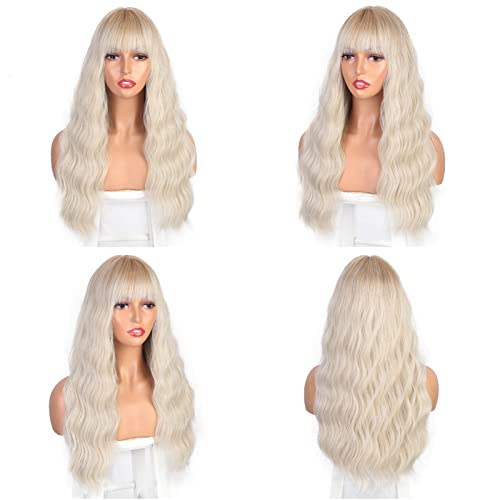 Entranced Styles 24Inch Long Ombre Platinum Blonde Wig With Bangs Platinum Wig For Women Blonde Wave Wig Daily Use Cosplay Hair Wigs #TOP4