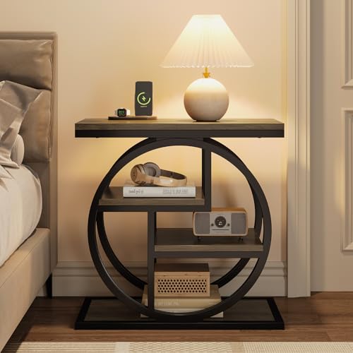 Image of Tribesigns End Table for Living Room, 4-Tier Narrow Side Table with Storage Shelves, Industrial Bedside Table for Bedroom, Wood Small Sofa Side Table with Geometric Metal Frame (1 PC, Grey)