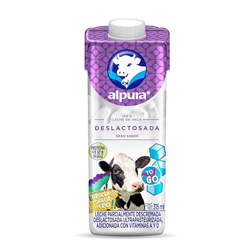 Alpura Leche Deslactosada 100% de vaca Ultrapasteurizada en Paquete de 8 piezas de 315 mililitros cada una, Ligera, de fácil digestión y con un delicioso sabor