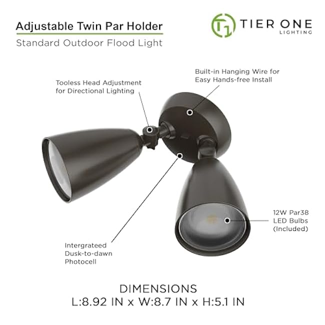TIERONE Twin-Head LED Flood Light with Dusk to Dawn Photocell UL Listed Outdoor Security Lighting 120V Two Head Par Light with 2 PAR38 Bulbs(Each 12W 1080 Lumen 4000K) 1 Pack Dark Bronze