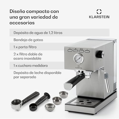 KLARSTEIN Pausa cafetera espresso, 1350 W, máquina de café, 20 bares de presión, depósito de agua: 1,4 litros, acero inoxidable, plateado - imagen 6